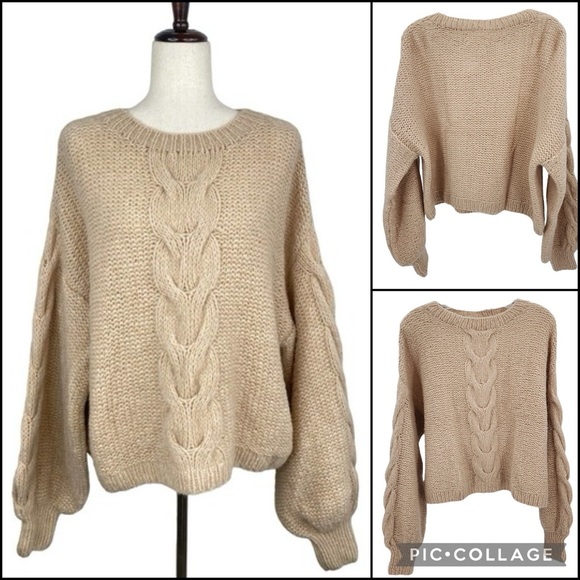 Eleven Six Alpaca Wool Blend Cropped Cable Knit Sweater - Picture 5 of 9